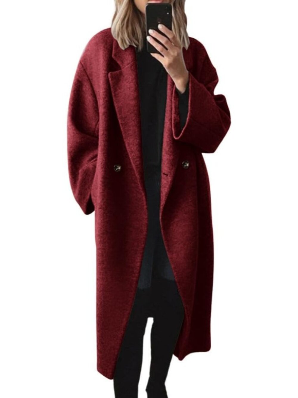 Women's Red Wool Double Breasted Oversized Long Notch Lapel Trench Pea Coat